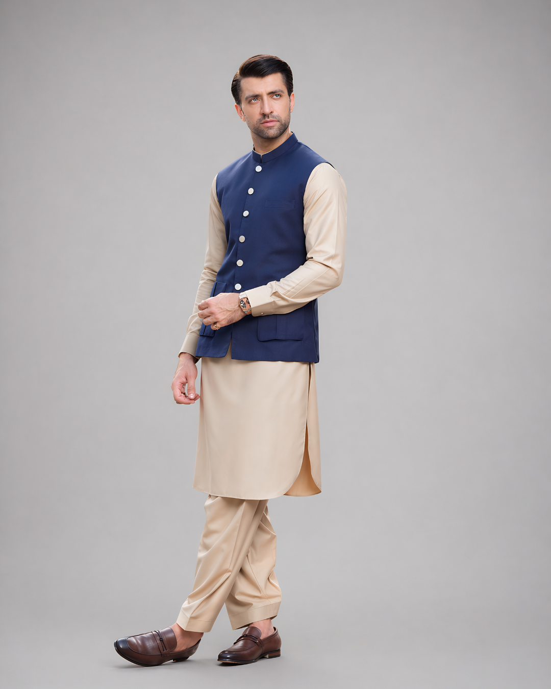 Navy Blue Box Pleat Classic Waist Coat