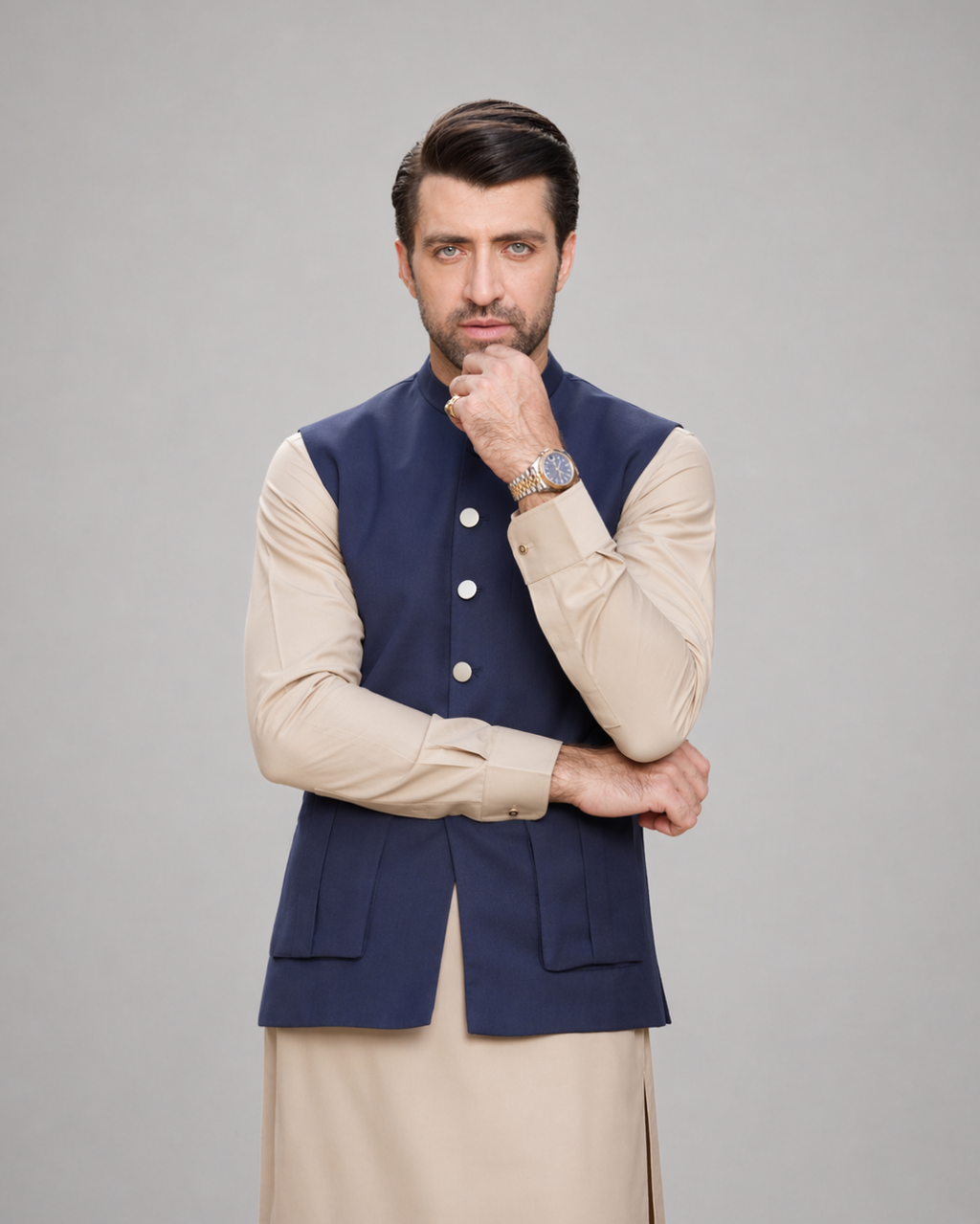 Navy Blue Box Pleat Classic Waist Coat