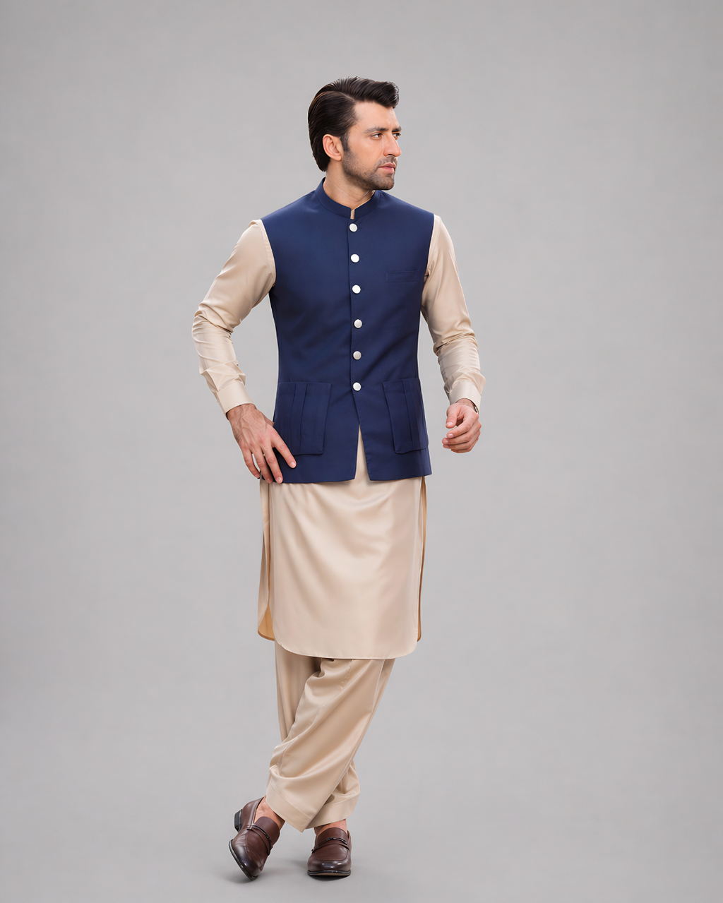 Navy Blue Box Pleat Classic Waist Coat
